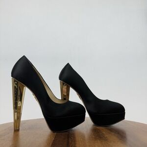 Womens Charlotte Black Satin Metallic Gold Platform Heels Pumps Size EU 36.5 GUC